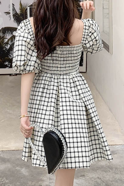 Puff Sleeves Square Neck Ruch Bodice Check Mini Dress