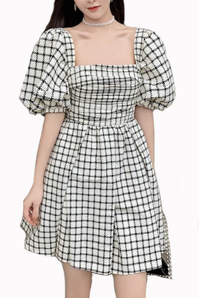 Puff Sleeves Square Neck Ruch Bodice Check Mini Dress