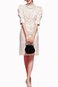 Puffed Elbow Sleeves Jacquard Cheongsam