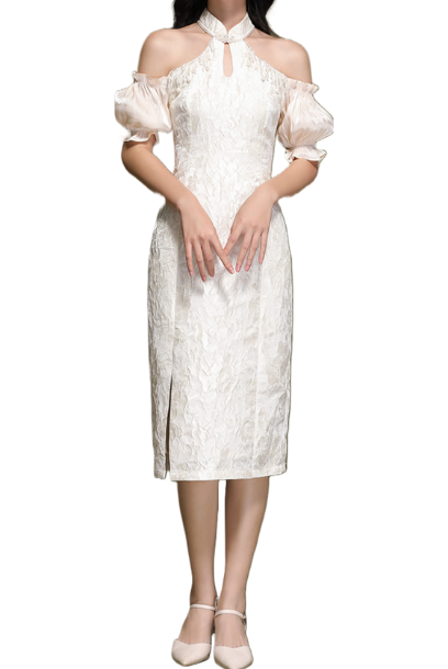 Puffed Sleeves Bare Shoulders Cheongsam