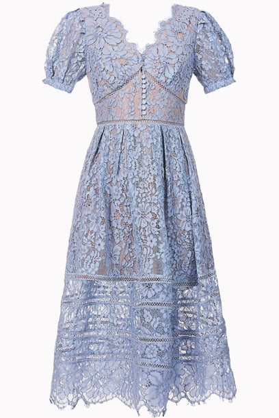 Puffed Sleeves Blue Lace Tiered Midi Dress