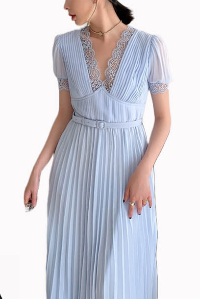Puffed Sleeves Chiffon V Neck Midi Dress