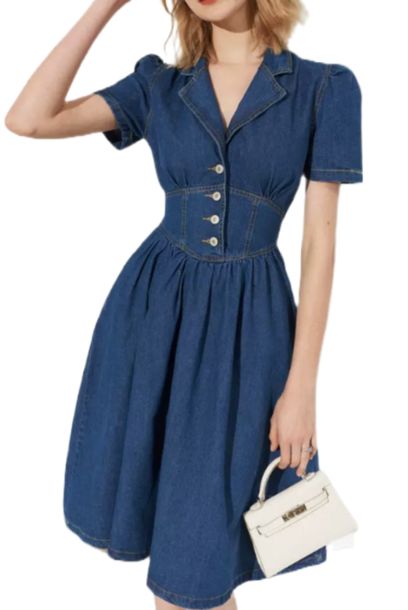 Puffed Sleeves Denim Dress