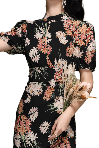 Puffed Sleeves Floral Cheongsam