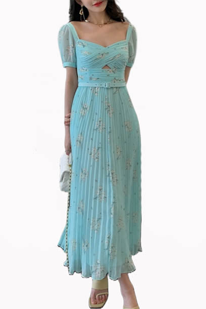 Puffed Sleeves Floral Midi Dress