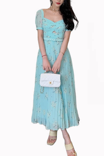 Puffed Sleeves Floral Midi Dress