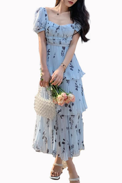 Puffed Sleeves Floral Tiered Midi Dress