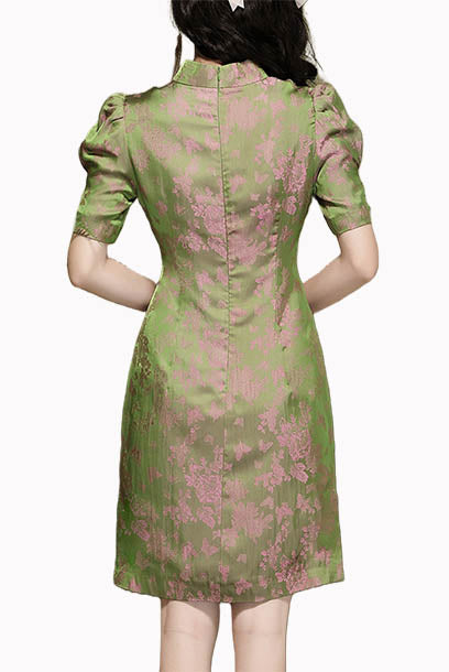 Puffed Sleeves Green Acetate Cheongsam