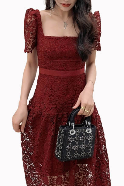 Puffed Sleeves Burgundy Guipure Lace Midi Dress