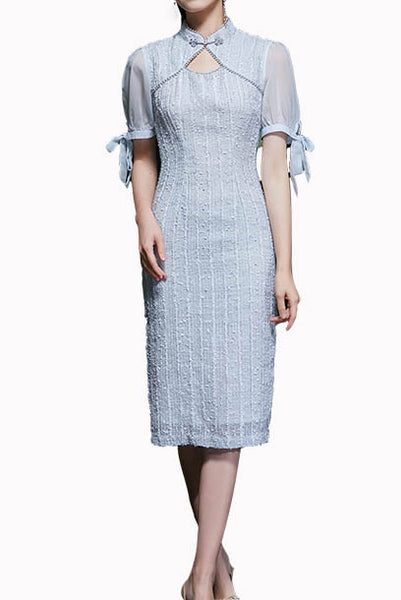 Puffed Sleeves Lace Blue Cheongsam Qipao