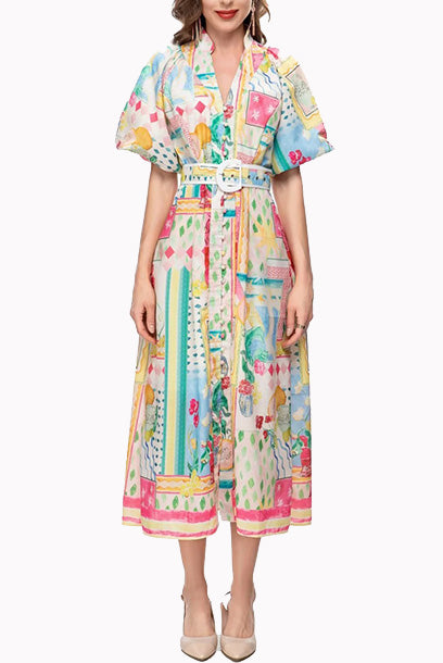 Puffed Sleeves Illustrated Midi Dress
