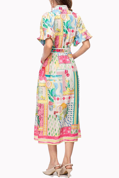 Puffed Sleeves Illustrated Midi Dress