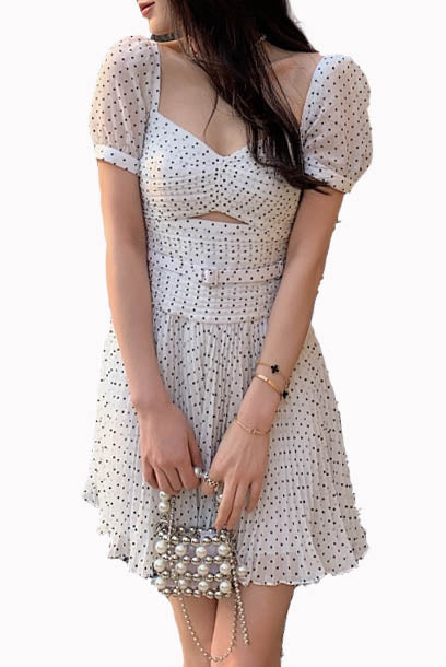 Puffed Sleeves Polka Dots Mini Dress