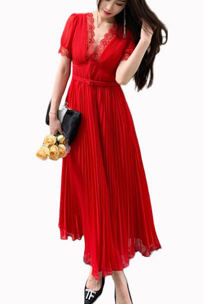 Puffed Sleeves Chiffon V Neck Midi Dress