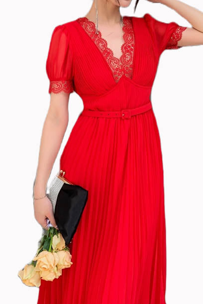 Puffed Sleeves Chiffon V Neck Midi Dress