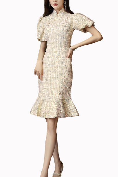 Puffed Sleeves Tweed Mermaid Cheongsam Qipao
