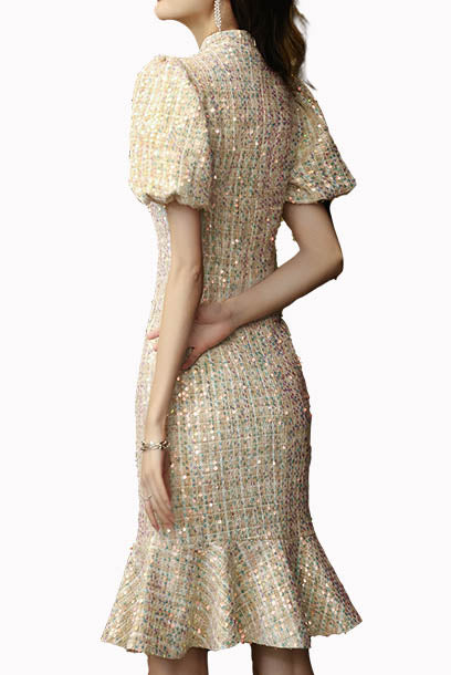 Puffed Sleeves Tweed Mermaid Cheongsam Qipao