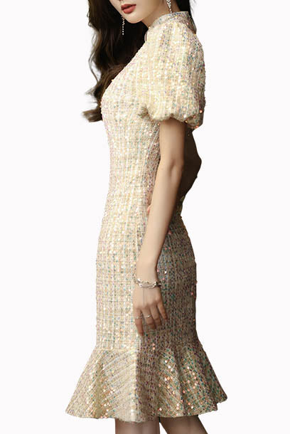 Puffed Sleeves Tweed Mermaid Cheongsam Qipao