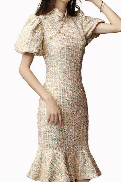 Puffed Sleeves Tweed Mermaid Cheongsam Qipao