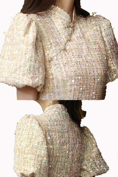 Puffed Sleeves Tweed Mermaid Cheongsam Qipao