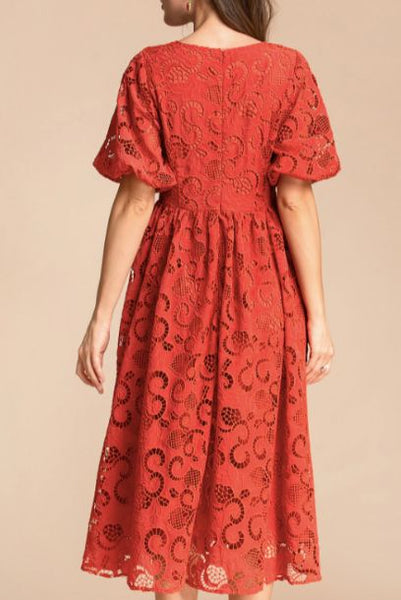 Puffed Sleeves V Neck Lace Dress