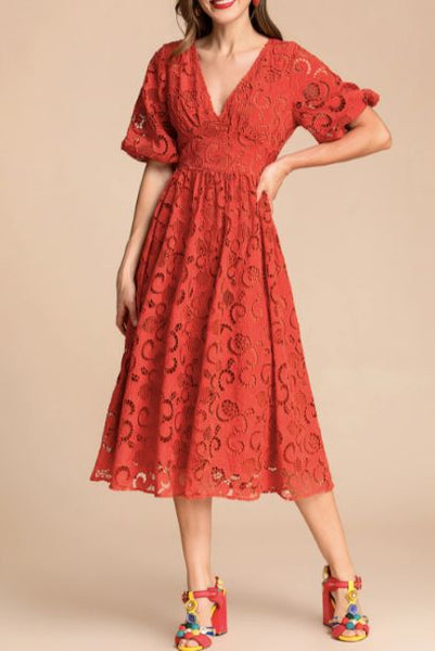 Puffed Sleeves V Neck Lace Dress