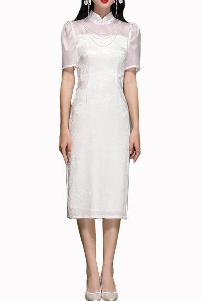 Puffed Sleeves White Pencil Cheongsam