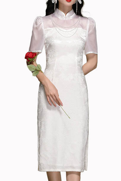 Puffed Sleeves White Pencil Cheongsam