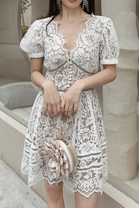 Puffed Sleeves Lace Tiered Mini Dress