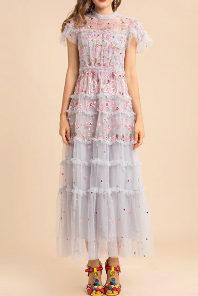 Puffed sleeves floral tulle maxi dress