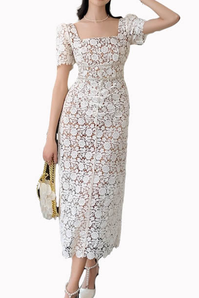 Puffed Sleeves Guipure Lace Midi Dress