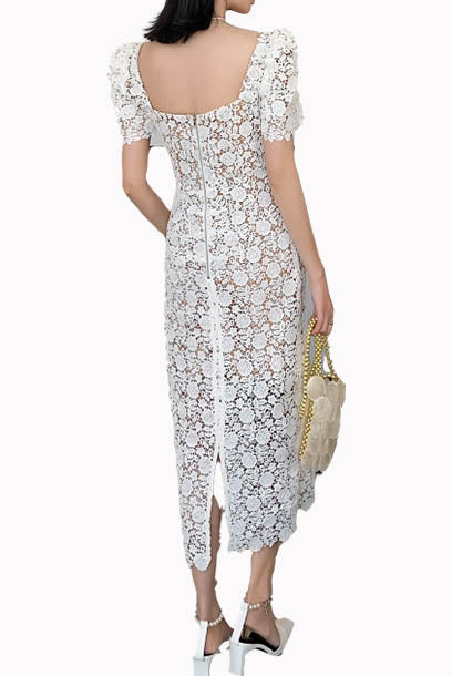 Puffed Sleeves Guipure Lace Midi Dress