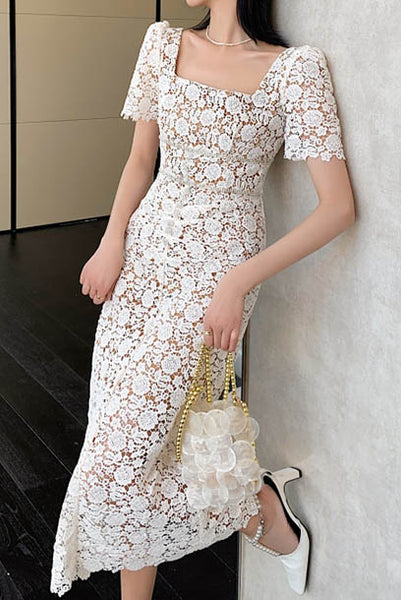 Puffed Sleeves Guipure Lace Midi Dress