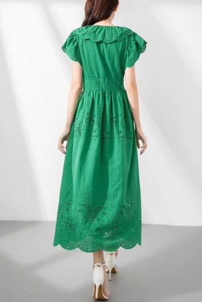 Ruffled Plunging Green Eyelet Midi Dress