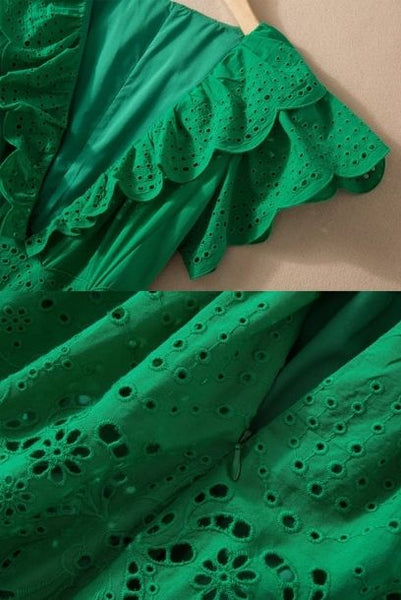 Ruffled Plunging Green Eyelet Midi Dress