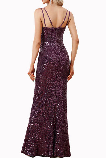 Straps Sequin Purple Evening Gown