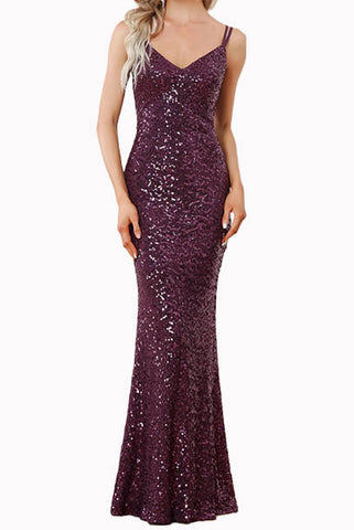Straps Sequin Purple Evening Gown
