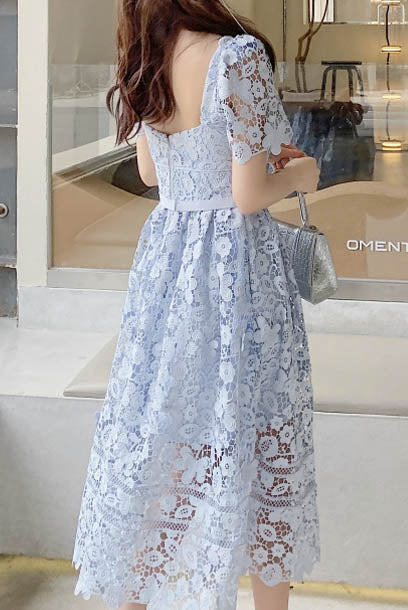 Short Sleeves Blue Guipure Lace Midi Dress