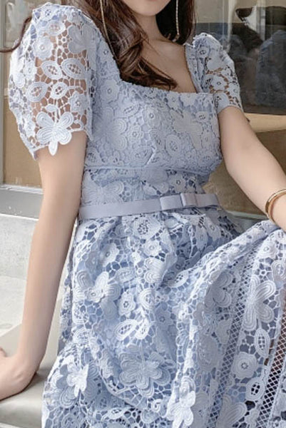 Short Sleeves Blue Guipure Lace Midi Dress