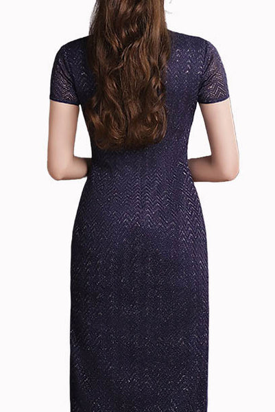 Short Sleeves Blue Embroidered Lace Qipao Cheongsam