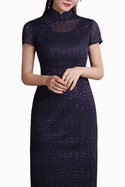 Short Sleeves Blue Embroidered Lace Qipao Cheongsam
