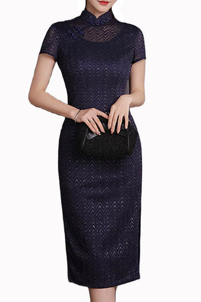 Short Sleeves Blue Embroidered Lace Qipao Cheongsam