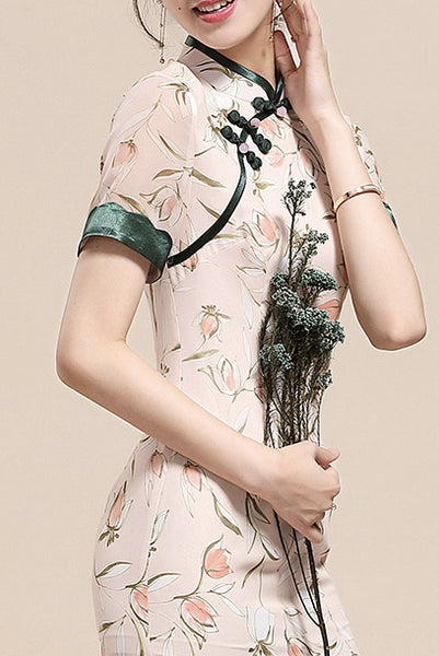Short Sleeves Floral Chiffon Cheongsam