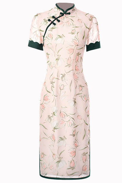 Short Sleeves Floral Chiffon Cheongsam