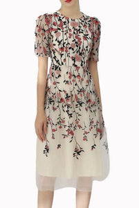 Short Sleeves Floral Embroidered Tulle Dress