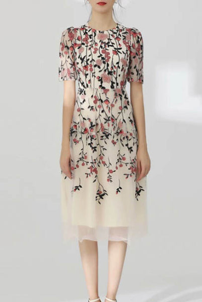 Short Sleeves Floral Embroidered Tulle Dress