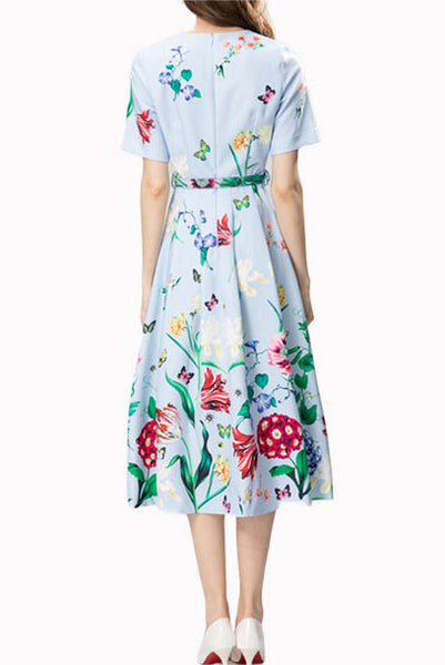 Short Sleeves Floral Faille Midi Dress