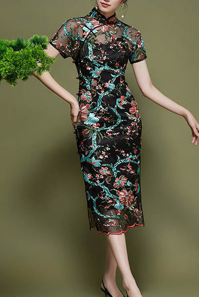 Short Sleeves Floral Lace Cheongsam Qipao