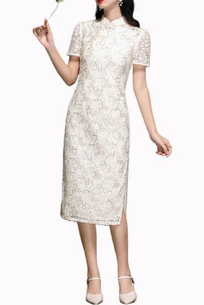 Short Sleeves Floral Lace Cheongsam
