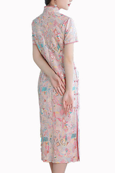 Short Sleeves Lace Graphic Sequin Midi Cheongsam Qipao